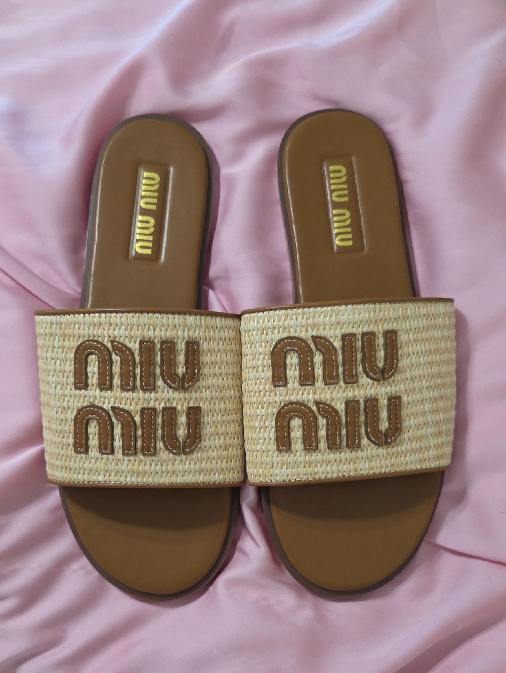 Miu Miu Brown Raffia Logo Slide Sandals